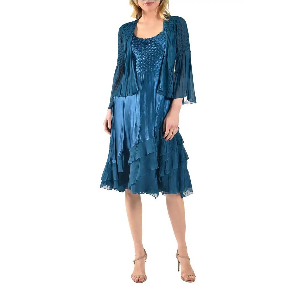 Komarov Charmeuse & Chiffon Tiered Dress w/ Jacket Large Teal Blue Cocktail
